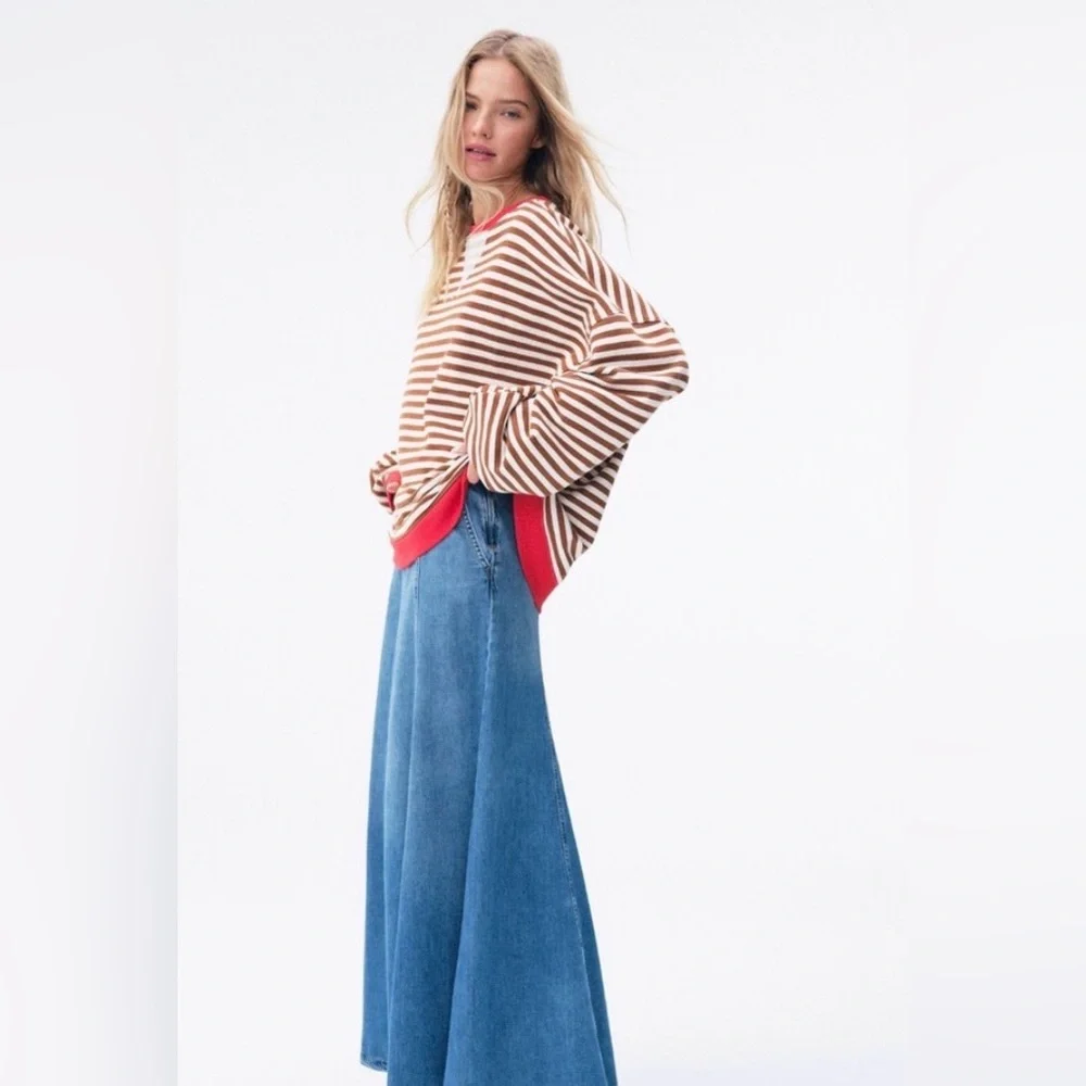 Free People Classic Oversized Striped Crewneck Sweatshirt we the free - Picture 4 of 4